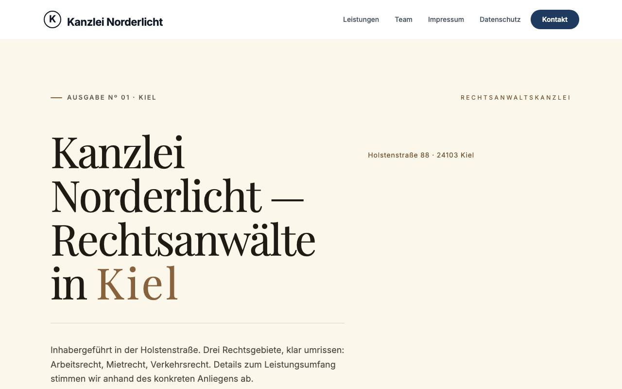 Screenshot of the Kanzlei Norderlicht website, generated by Codaiq